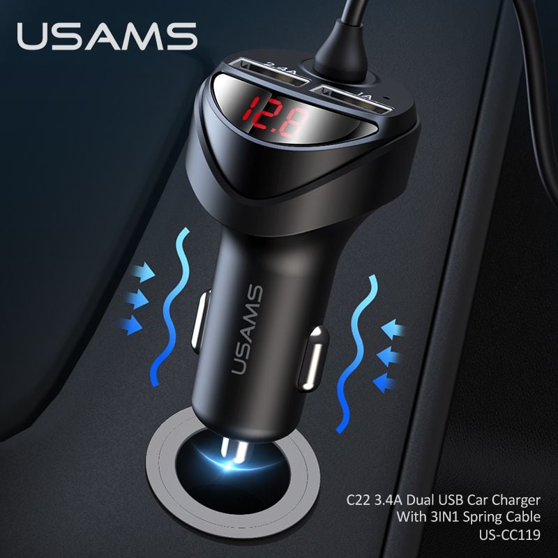 US-CC1US-CC119 C22 Chargeur de voiture double USB 3,4 A avec câble à ressort 3 en 1 M+C+L – Image 3