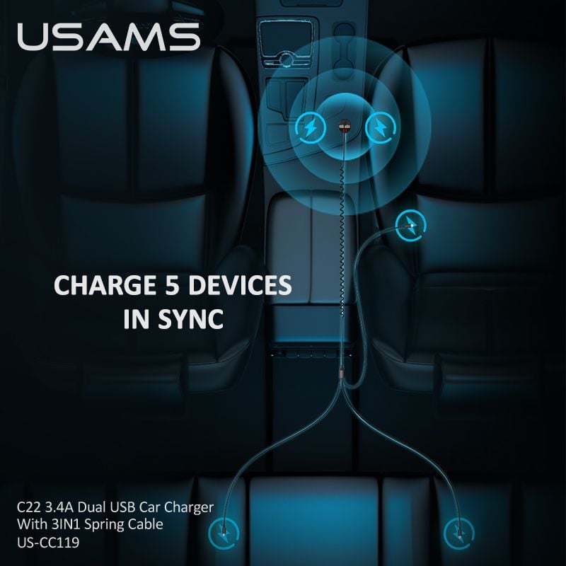 US-CC1US-CC119 C22 Chargeur de voiture double USB 3,4 A avec câble à ressort 3 en 1 M+C+L – Image 4