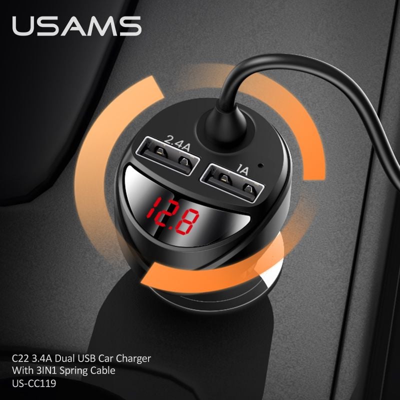US-CC1US-CC119 C22 Chargeur de voiture double USB 3,4 A avec câble à ressort 3 en 1 M+C+L – Image 5