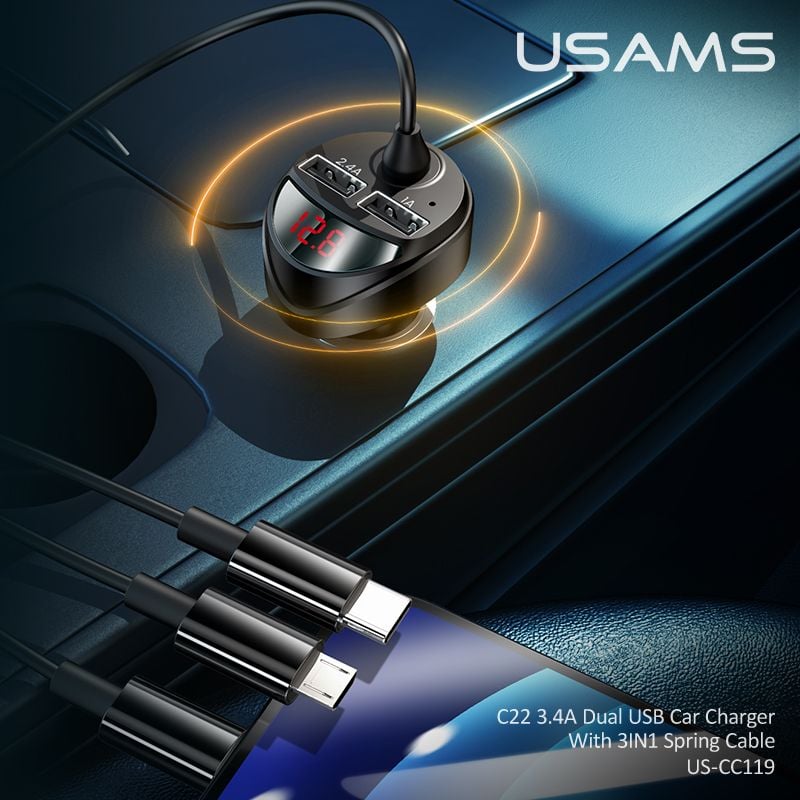 US-CC1US-CC119 C22 Chargeur de voiture double USB 3,4 A avec câble à ressort 3 en 1 M+C+L – Image 6