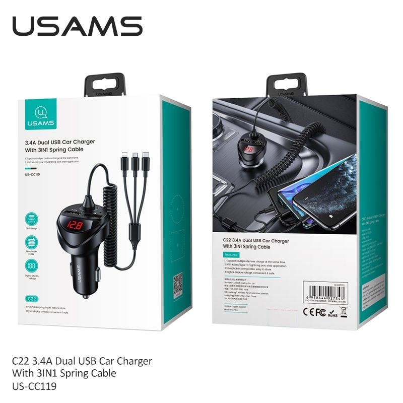 US-CC1US-CC119 C22 Chargeur de voiture double USB 3,4 A avec câble à ressort 3 en 1 M+C+L – Image 7