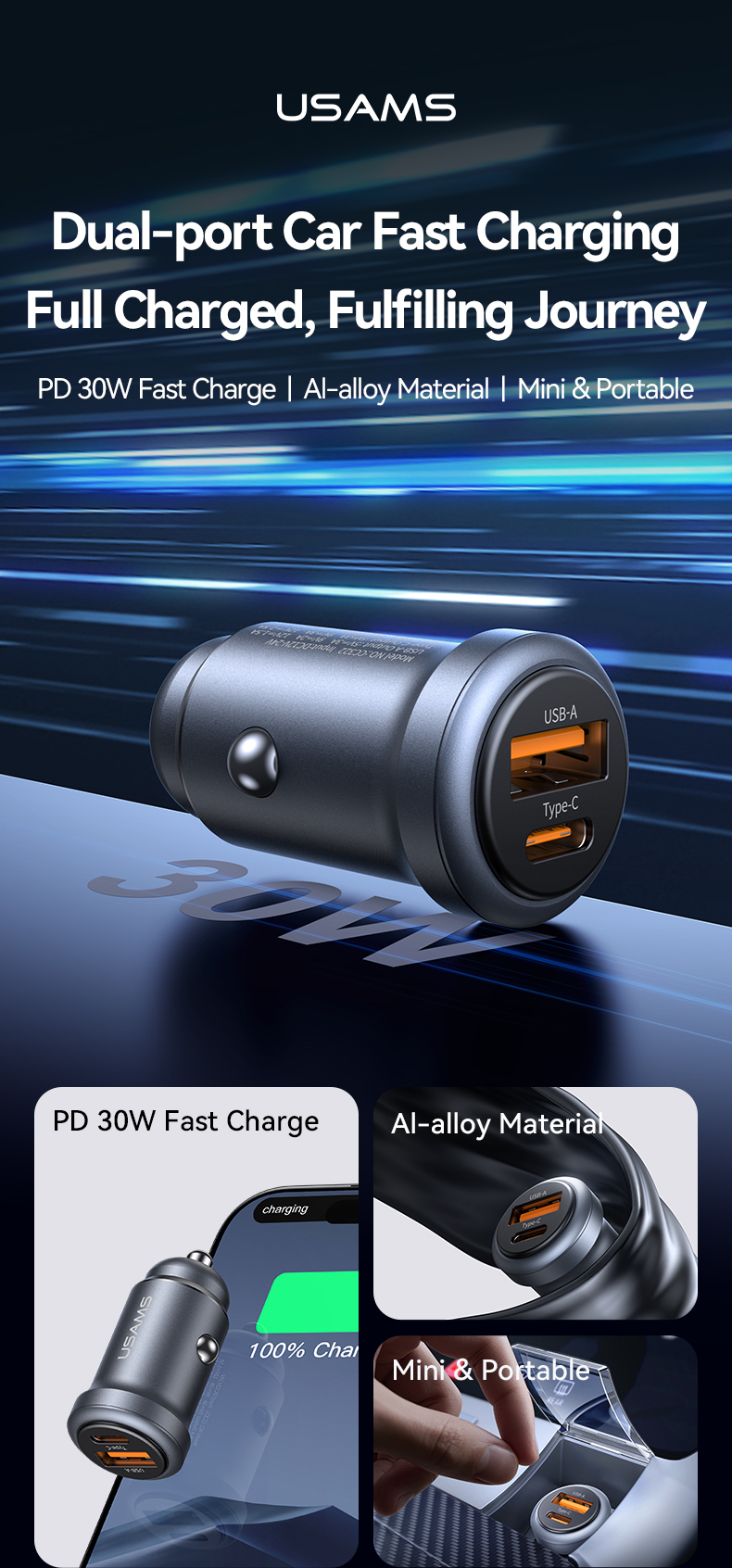 CC322 30W Chargeur de voiture avec ports A+C et alliage d'aluminium – Image 3